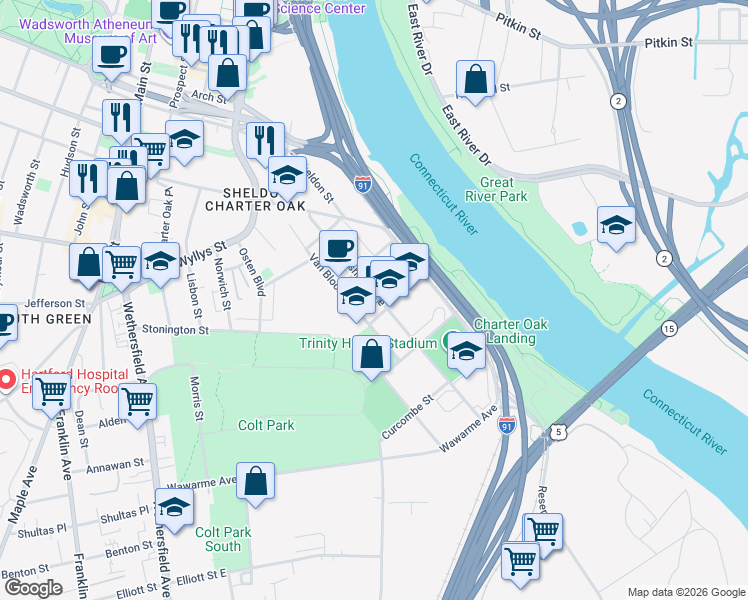 map of restaurants, bars, coffee shops, grocery stores, and more near 131 Huyshope Avenue in Hartford