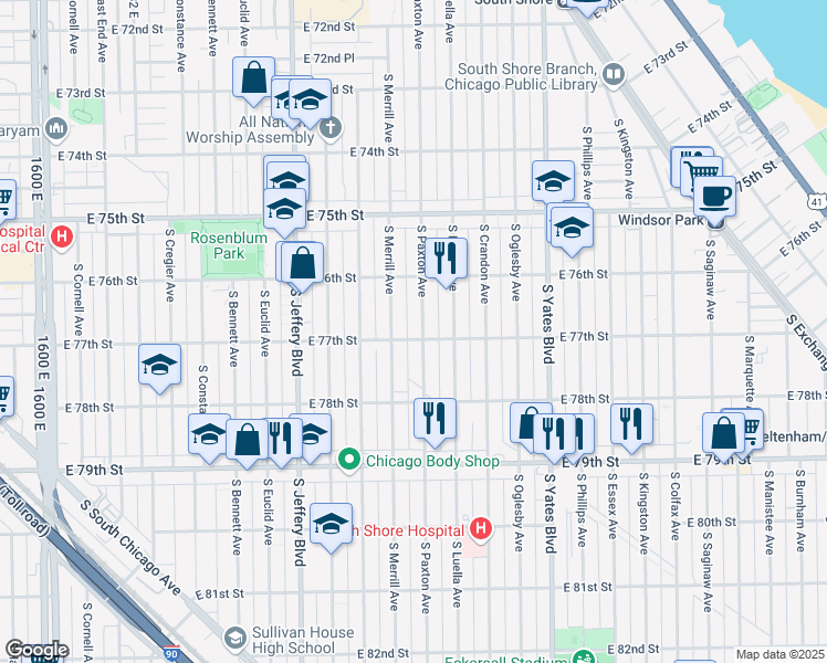 map of restaurants, bars, coffee shops, grocery stores, and more near 7654 South Paxton Avenue in Chicago