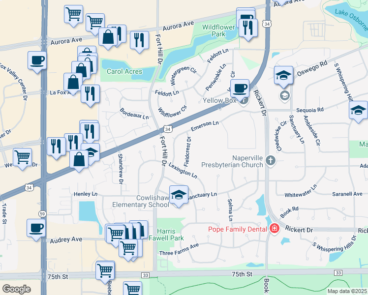 map of restaurants, bars, coffee shops, grocery stores, and more near 823 Fieldcrest Drive in Naperville