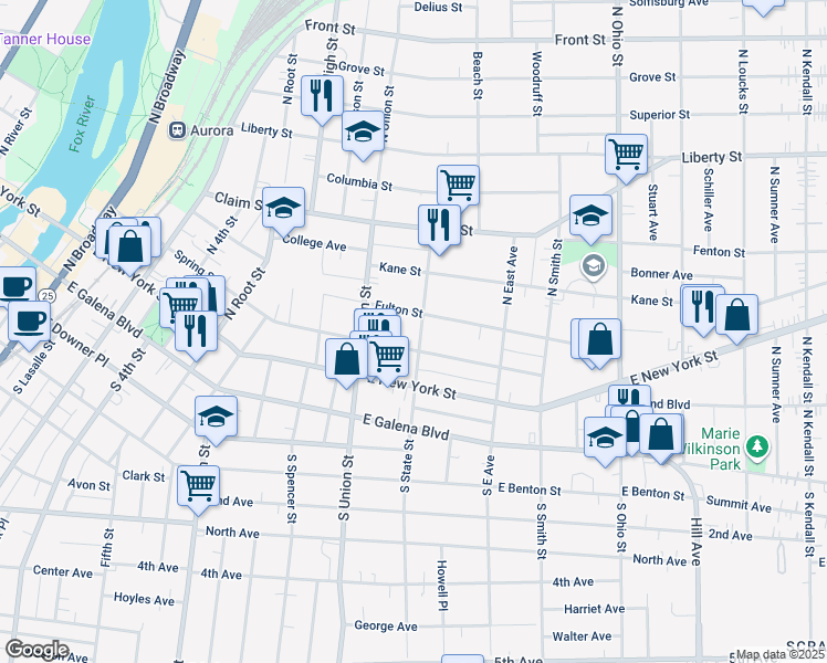 map of restaurants, bars, coffee shops, grocery stores, and more near 114 North State Street in Aurora