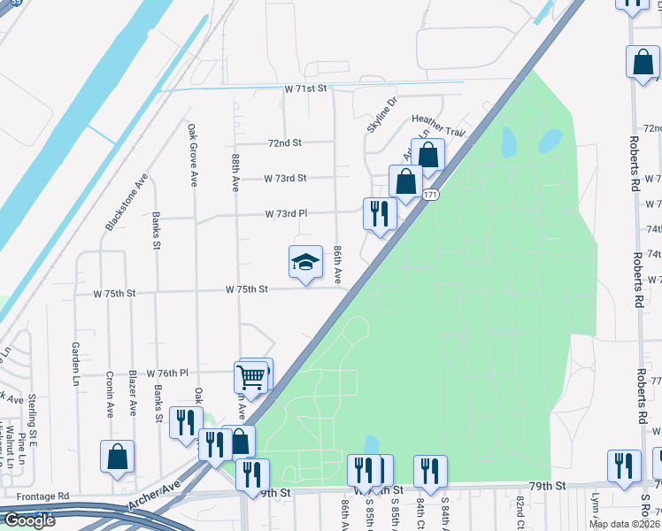 map of restaurants, bars, coffee shops, grocery stores, and more near 7448 86th Avenue in Justice