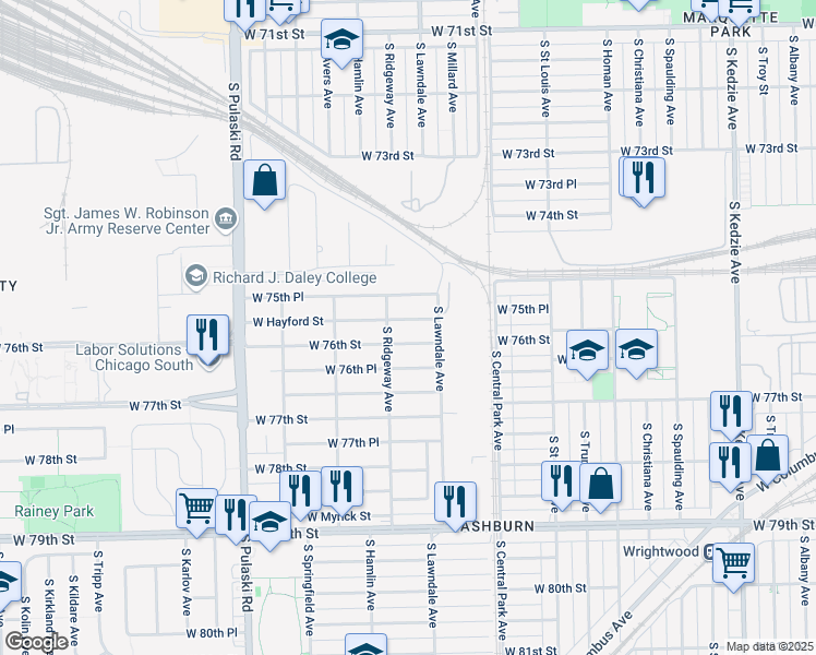 map of restaurants, bars, coffee shops, grocery stores, and more near 3731 West Hayford Street in Chicago