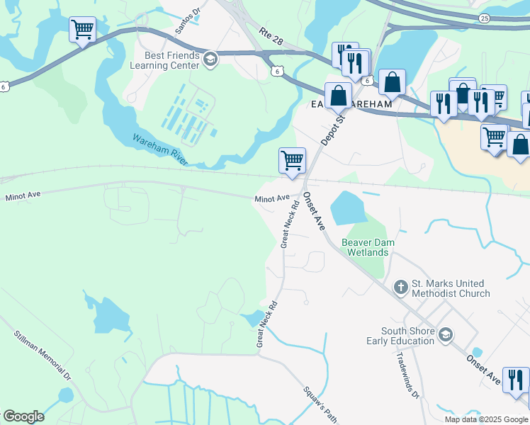 map of restaurants, bars, coffee shops, grocery stores, and more near 125 Minot Avenue in Wareham