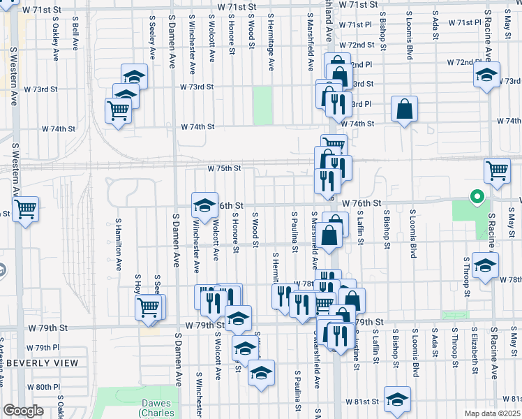 map of restaurants, bars, coffee shops, grocery stores, and more near 7606 South Hermitage Avenue in Chicago