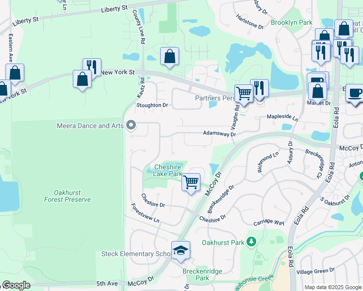 map of restaurants, bars, coffee shops, grocery stores, and more near 2391 Angela Ln in Aurora