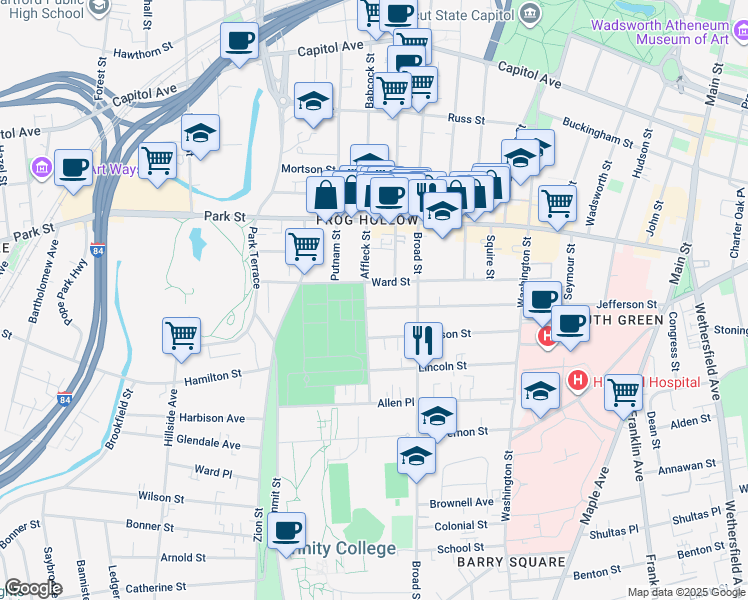 map of restaurants, bars, coffee shops, grocery stores, and more near 326 Jefferson Street in Hartford