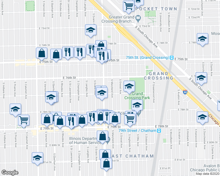 map of restaurants, bars, coffee shops, grocery stores, and more near 7638 South Maryland Avenue in Chicago