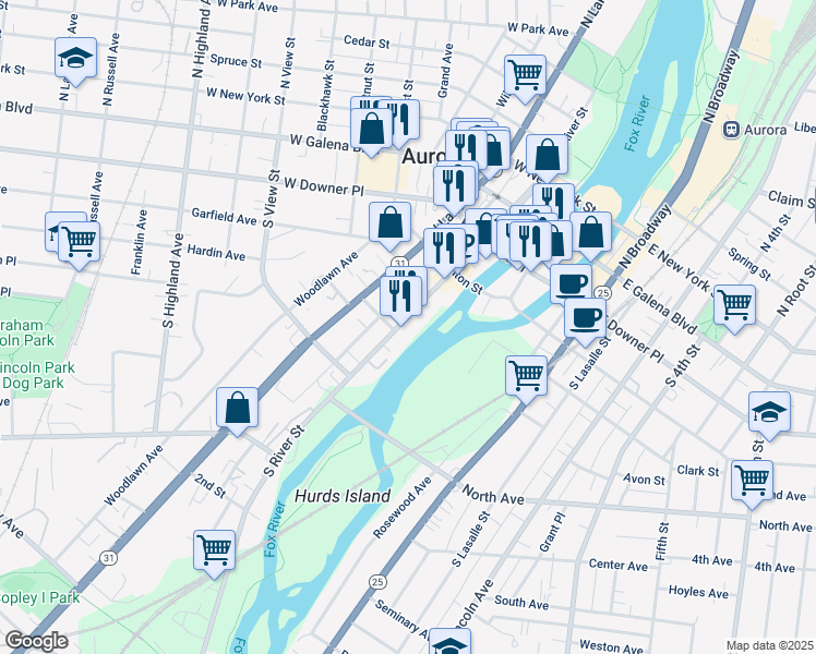 map of restaurants, bars, coffee shops, grocery stores, and more near 160 South River Street in Aurora