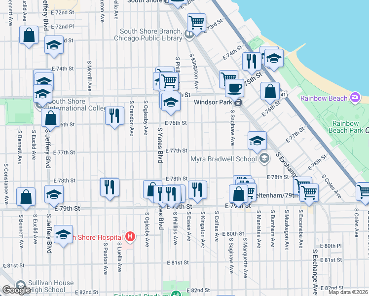 map of restaurants, bars, coffee shops, grocery stores, and more near 2452 East 77th Street in Chicago