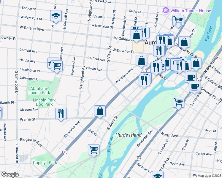 map of restaurants, bars, coffee shops, grocery stores, and more near 312 Woodlawn Avenue in Aurora