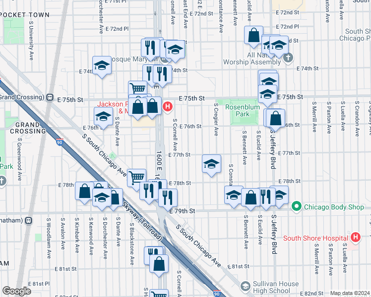 map of restaurants, bars, coffee shops, grocery stores, and more near 7646 South East End Avenue in Chicago