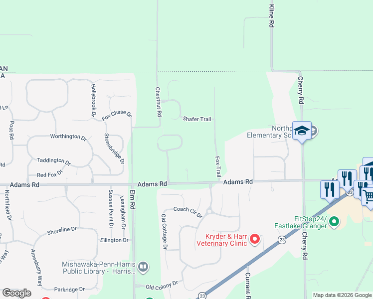 map of restaurants, bars, coffee shops, grocery stores, and more near 3882 Lexington Circle South in Granger