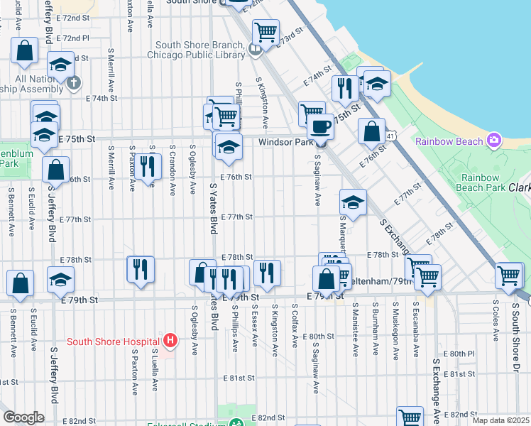map of restaurants, bars, coffee shops, grocery stores, and more near 2536 East 77th Street in Chicago