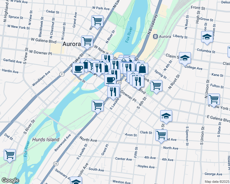 map of restaurants, bars, coffee shops, grocery stores, and more near 60 South Broadway in Aurora