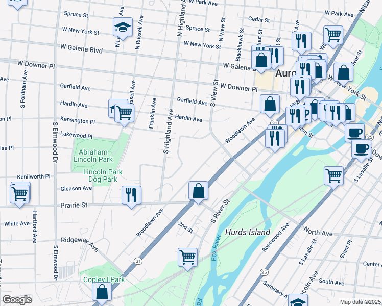 map of restaurants, bars, coffee shops, grocery stores, and more near Marshall Avenue in Aurora