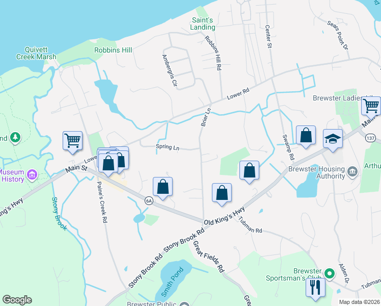 map of restaurants, bars, coffee shops, grocery stores, and more near 130 Spring Lane in Brewster