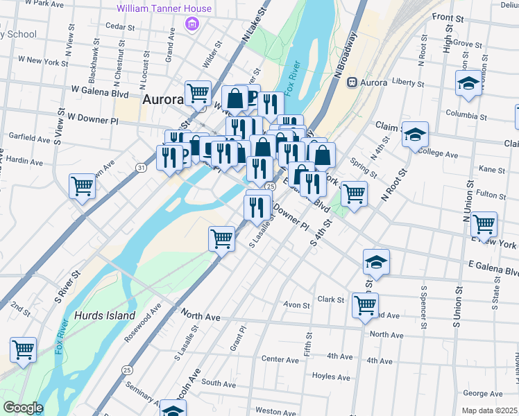 map of restaurants, bars, coffee shops, grocery stores, and more near 60 South Broadway in Aurora