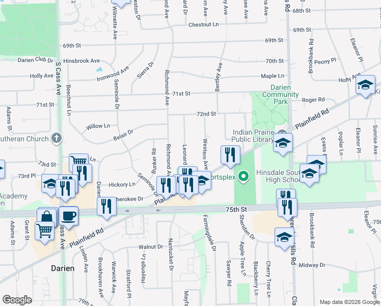 map of restaurants, bars, coffee shops, grocery stores, and more near 7301 Leonard Drive in Darien