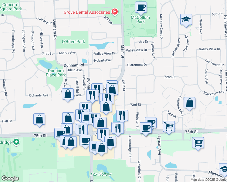map of restaurants, bars, coffee shops, grocery stores, and more near 7221 Lemont Road in Downers Grove