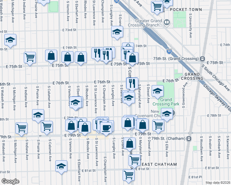 map of restaurants, bars, coffee shops, grocery stores, and more near 7639 S Langley Ave in Chicago