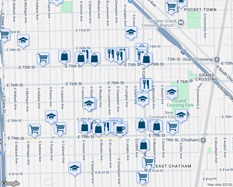 map of restaurants, bars, coffee shops, grocery stores, and more near 7636 South Champlain Avenue in Chicago