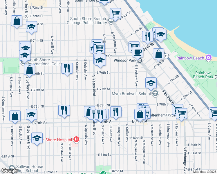map of restaurants, bars, coffee shops, grocery stores, and more near 2452 East 77th Street in Chicago