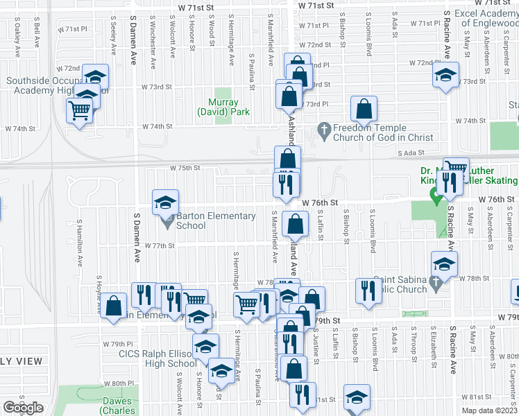 map of restaurants, bars, coffee shops, grocery stores, and more near 7605 South Paulina Street in Chicago