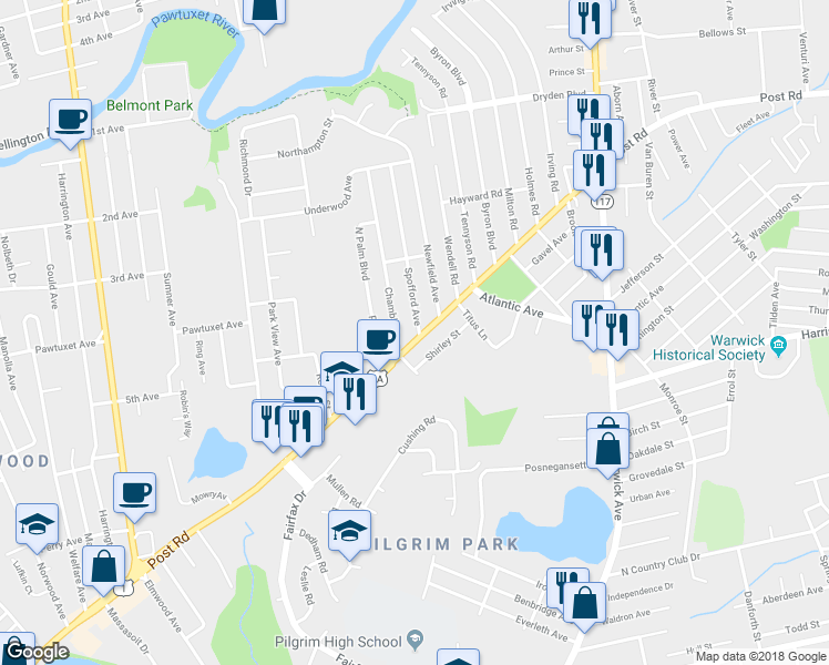 map of restaurants, bars, coffee shops, grocery stores, and more near 143 Spofford Avenue in Warwick