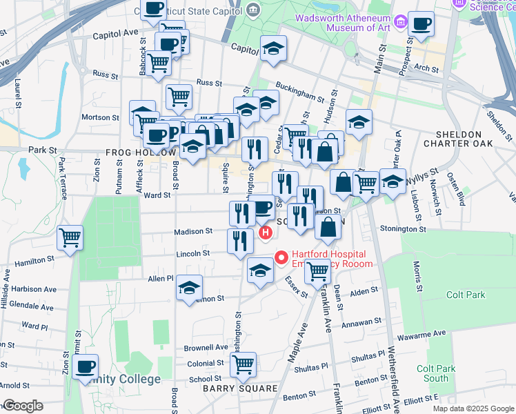 map of restaurants, bars, coffee shops, grocery stores, and more near 224 Washington Street in Hartford