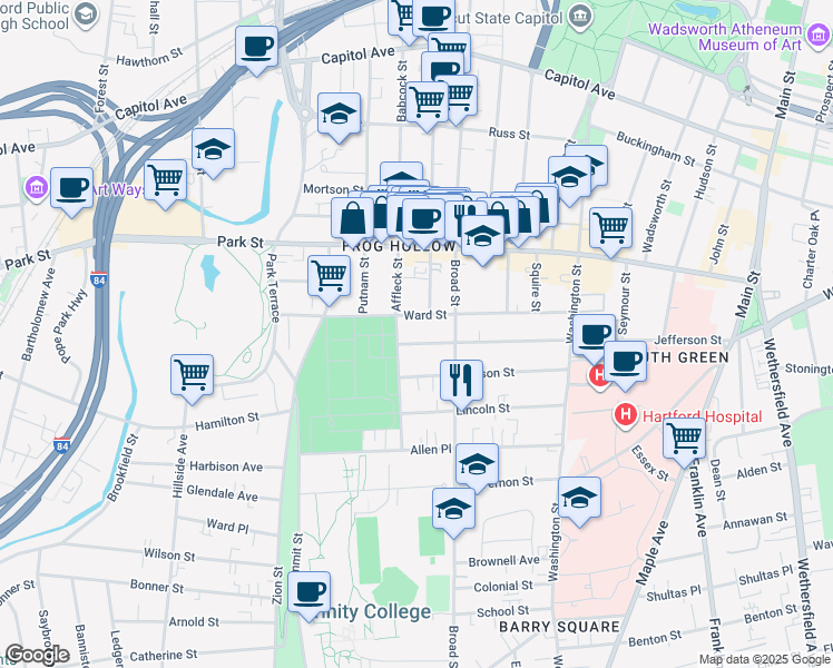 map of restaurants, bars, coffee shops, grocery stores, and more near 326 Jefferson Street in Hartford