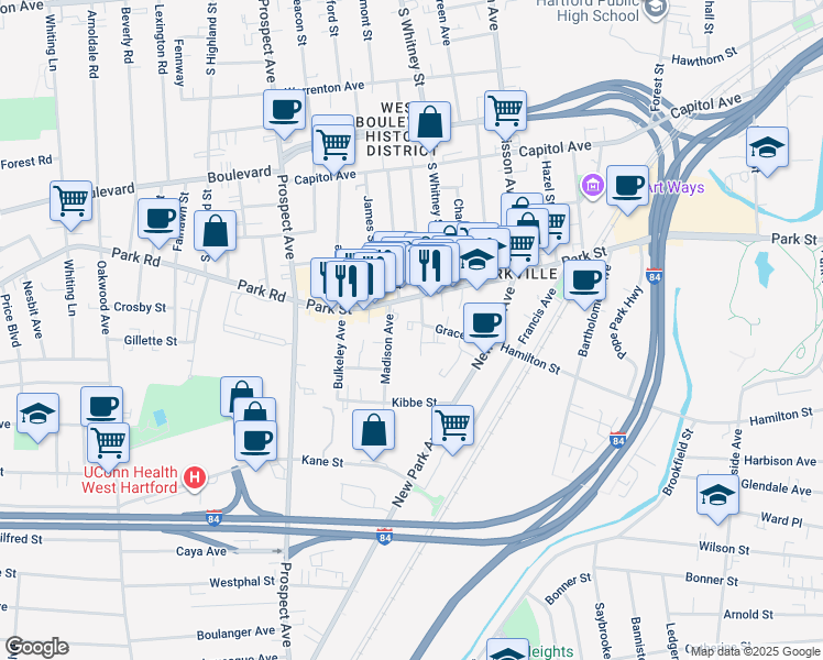 map of restaurants, bars, coffee shops, grocery stores, and more near 132 Madison Avenue in Hartford