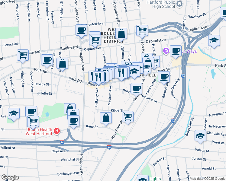 map of restaurants, bars, coffee shops, grocery stores, and more near 132 Madison Avenue in Hartford