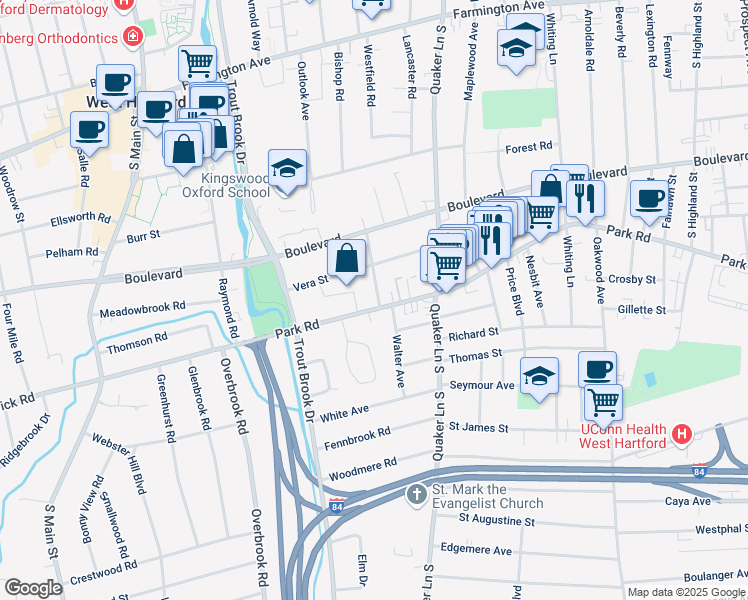map of restaurants, bars, coffee shops, grocery stores, and more near 398 Park Road in West Hartford