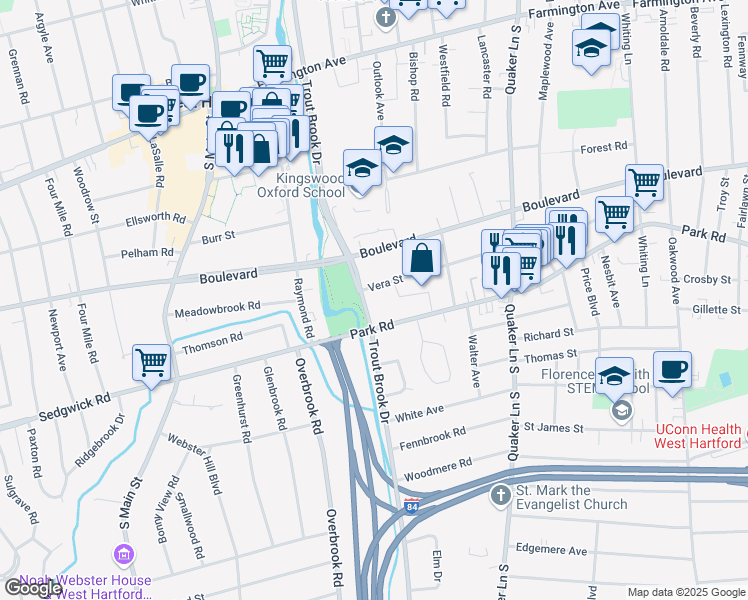map of restaurants, bars, coffee shops, grocery stores, and more near 748 Trout Brook Drive in West Hartford