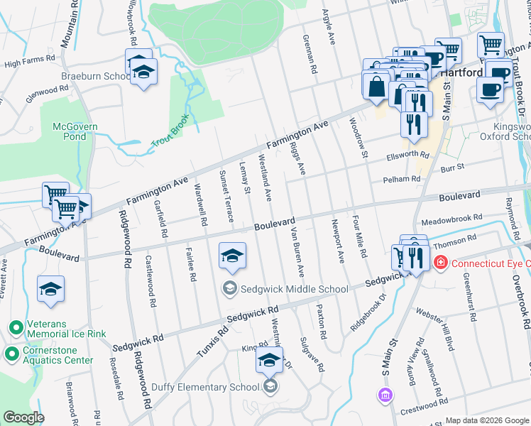 map of restaurants, bars, coffee shops, grocery stores, and more near in Hartford