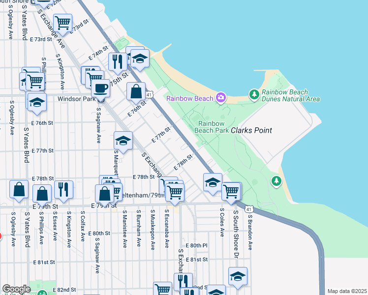map of restaurants, bars, coffee shops, grocery stores, and more near 7770 South South Shore Drive in Chicago