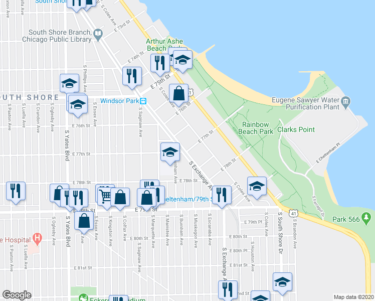 map of restaurants, bars, coffee shops, grocery stores, and more near 2807 East 77th Street in Chicago