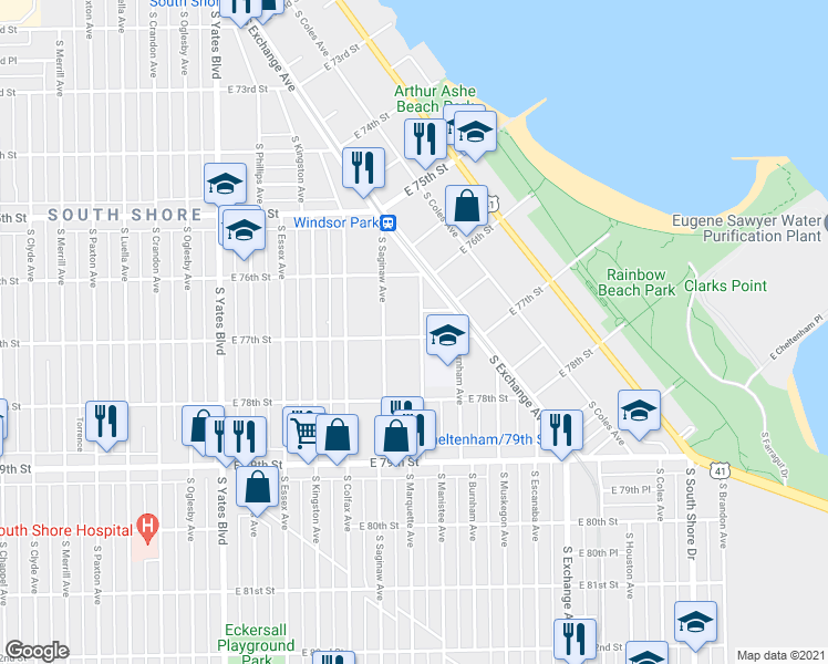 map of restaurants, bars, coffee shops, grocery stores, and more near 2650 East 77th Street in Chicago