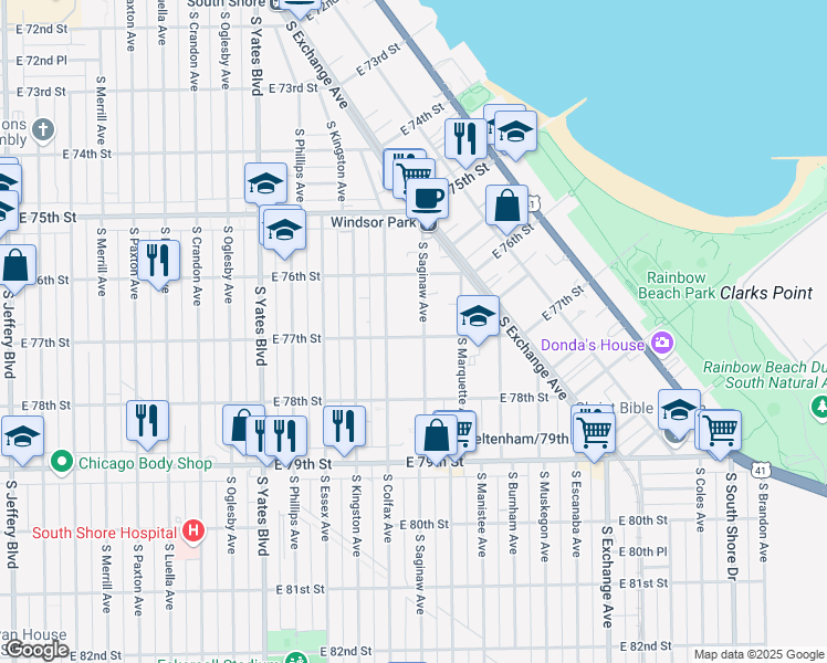 map of restaurants, bars, coffee shops, grocery stores, and more near 2608 East 77th Street in Chicago
