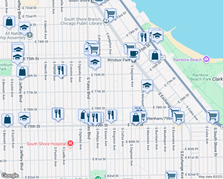 map of restaurants, bars, coffee shops, grocery stores, and more near 2536 East 77th Street in Chicago
