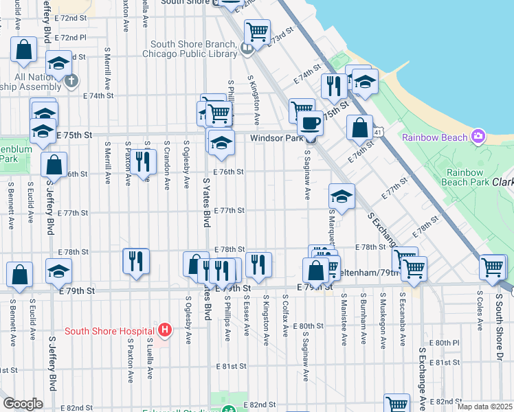 map of restaurants, bars, coffee shops, grocery stores, and more near 2536 East 77th Street in Chicago