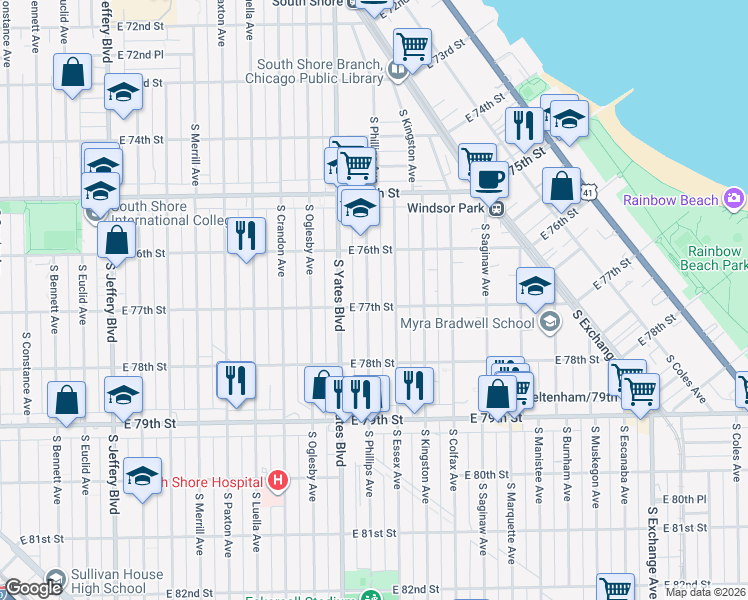 map of restaurants, bars, coffee shops, grocery stores, and more near 2418 East 77th Street in Chicago