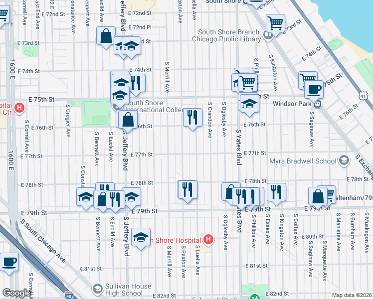 map of restaurants, bars, coffee shops, grocery stores, and more near 7654 South Paxton Avenue in Chicago