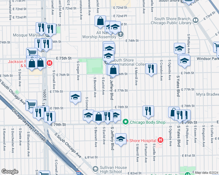 map of restaurants, bars, coffee shops, grocery stores, and more near 7651 South Jeffery Boulevard in Chicago