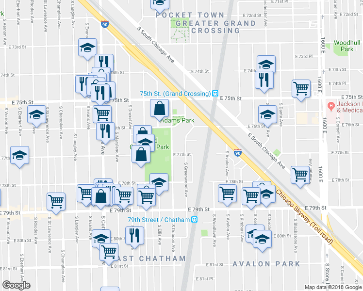 map of restaurants, bars, coffee shops, grocery stores, and more near 7642 South Greenwood Avenue in Chicago