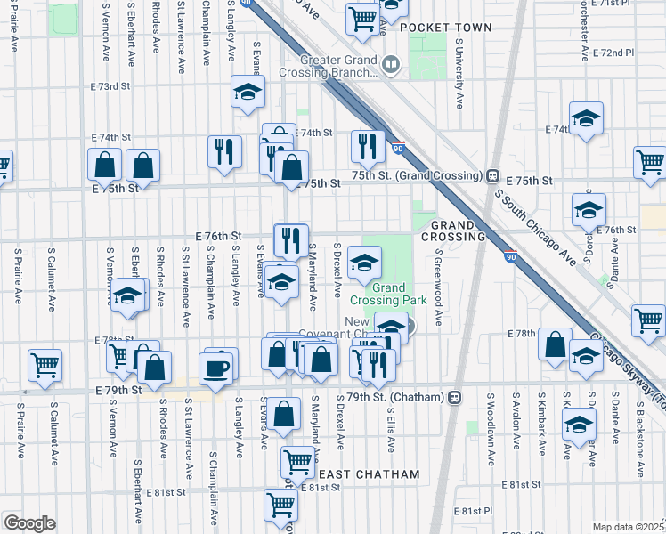 map of restaurants, bars, coffee shops, grocery stores, and more near 7642 South Drexel Avenue in Chicago