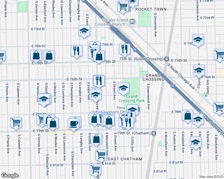 map of restaurants, bars, coffee shops, grocery stores, and more near 7642 South Drexel Avenue in Chicago