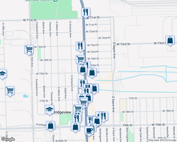 map of restaurants, bars, coffee shops, grocery stores, and more near 7138 West 75th Street in Chicago