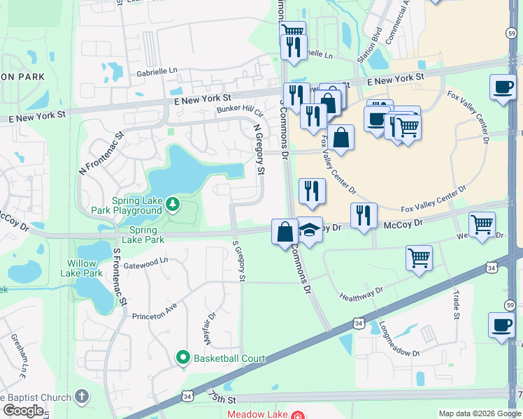 map of restaurants, bars, coffee shops, grocery stores, and more near 149 North Gregory Street in Aurora