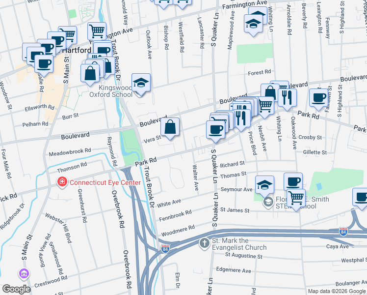 map of restaurants, bars, coffee shops, grocery stores, and more near 398 Park Road in West Hartford